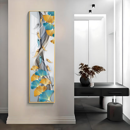 Blue & Golden Leaves With Fishes Premium Acrylic Vertical Wall Art