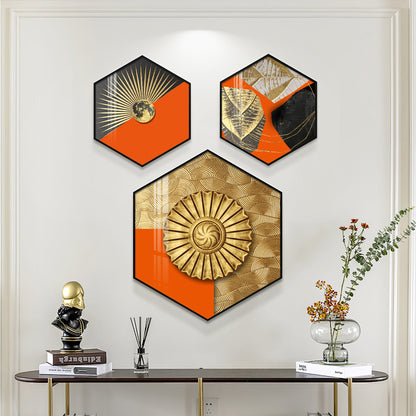Gold & Orange Accents Premium Acrylic Hexagon Wall Art (Set of 3)
