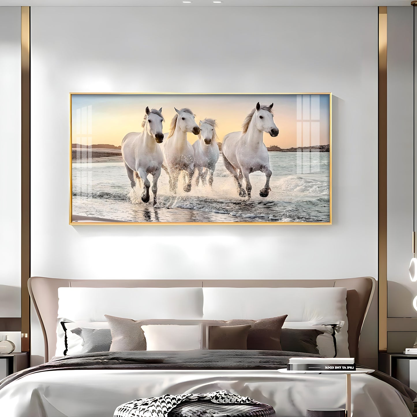 White Running Horses in The Sea Premium Acrylic Horizontal Wall Art