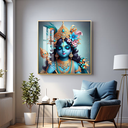 Beautiful Lord Krishna with Flute Premium Acrylic Square Wall Art