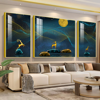 Deers Under Full Moon Night Premium Acrylic Wall Art (Set of 3)