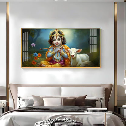 Little Krishna With Bansuri & Cow Premium Acrylic Horizontal Wall Art