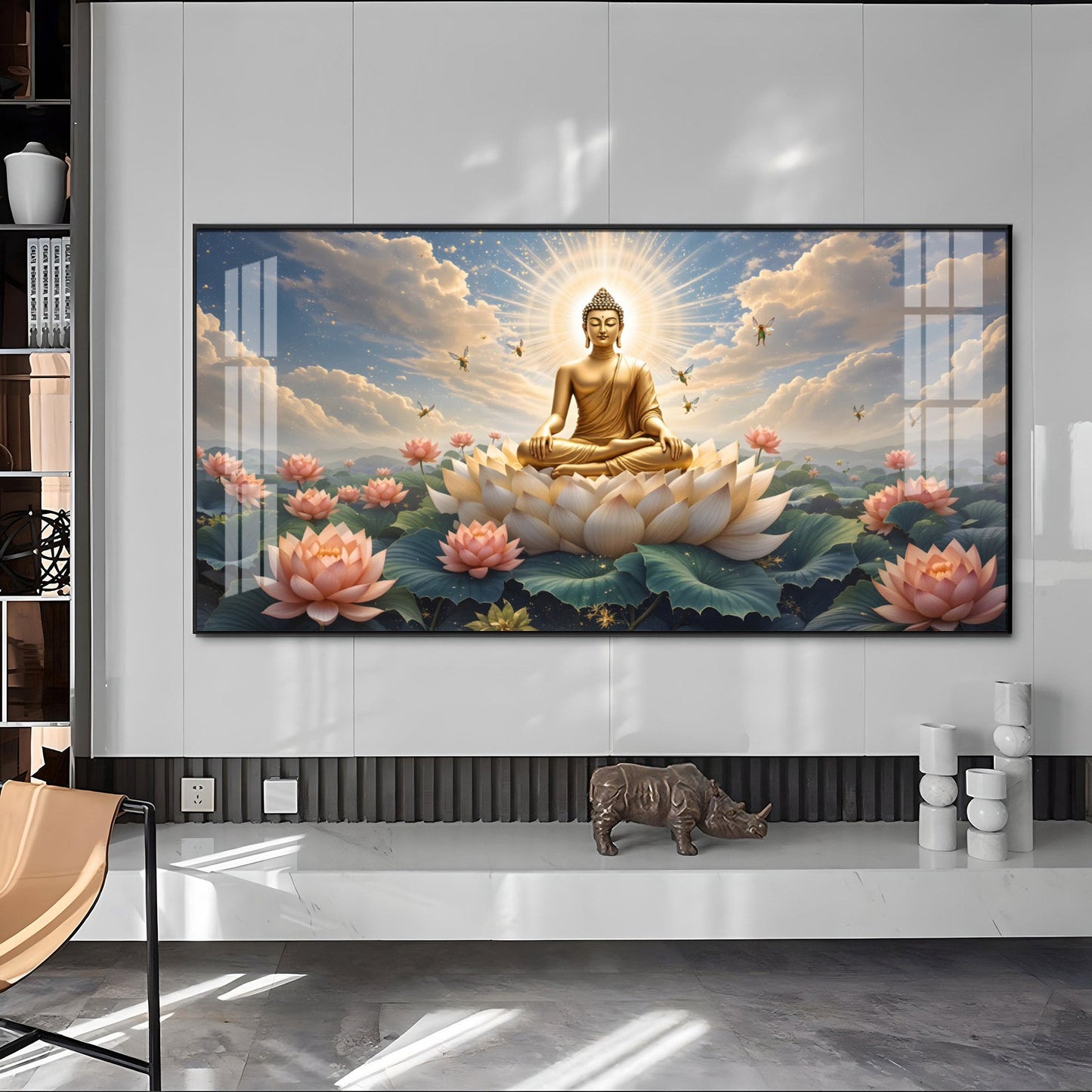 Peaceful Buddha On Lotus Premium Acrylic Horizontal Wall Art - 40X20 inches / Gold