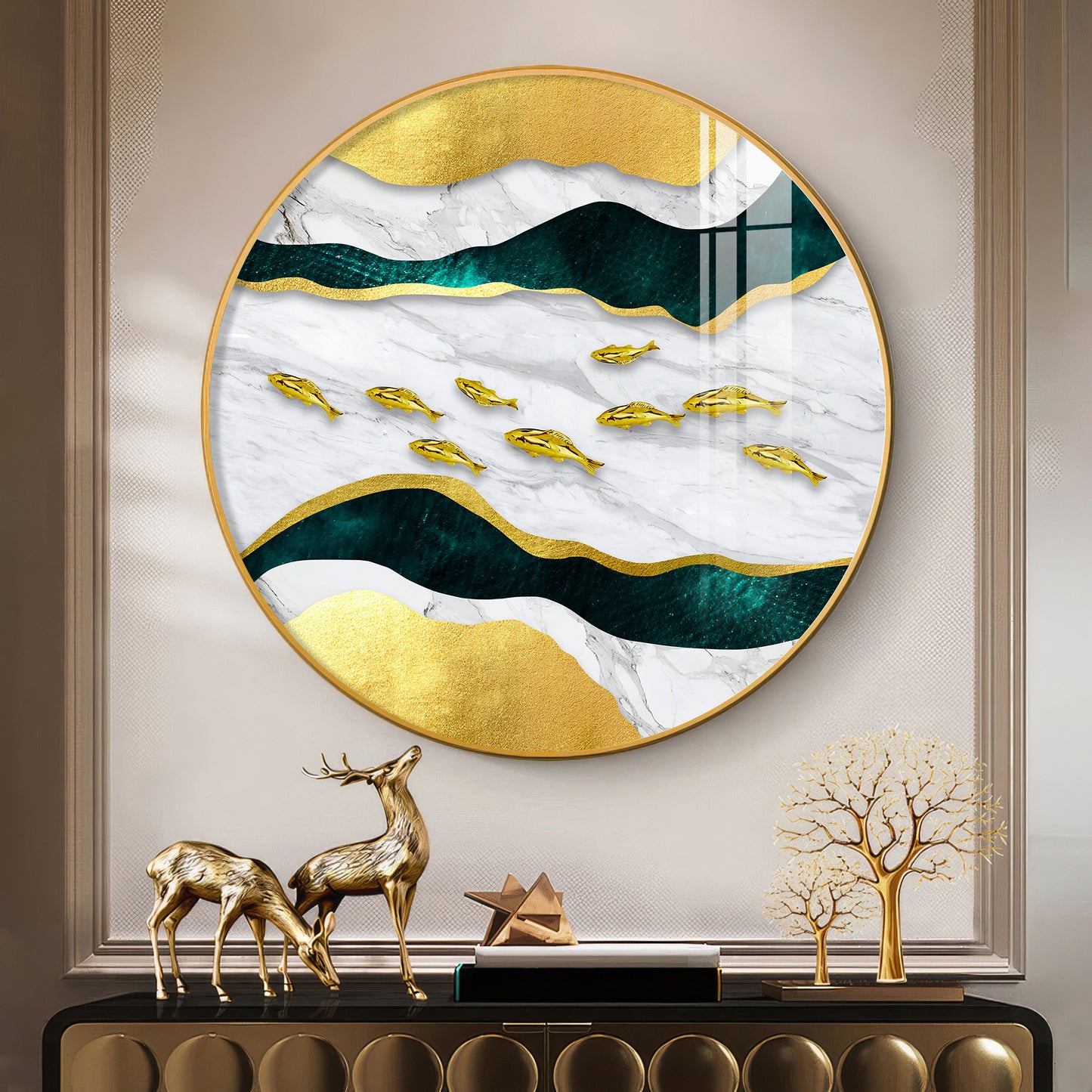 Noir & Gold Fish Premium Acrylic Round Wall Art