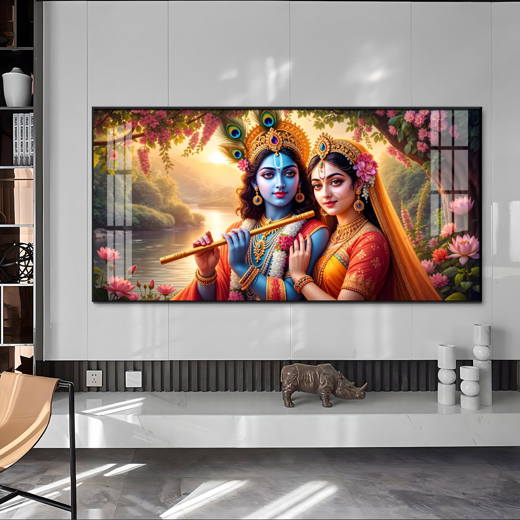 Radha With Krishna Playing Flute Premium Acrylic Horizontal Wall Art