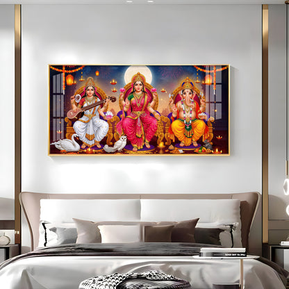 Lord Ganesha With Godess Saraswati and Maa Laxmi Premium Acrylic Horizontal Wall Art