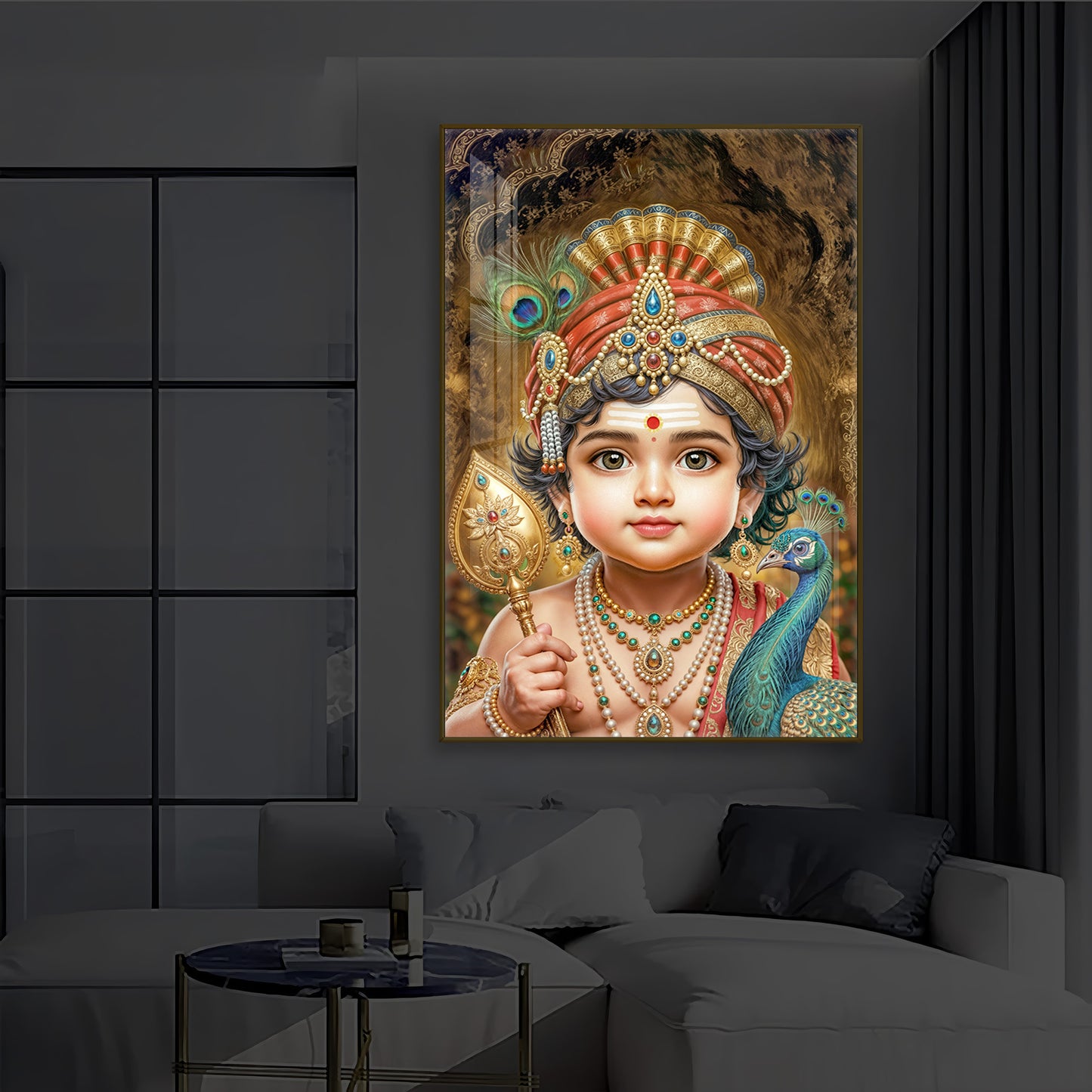 Little Murugan With Peacock Modern Luxury Backlight Vertical Wall Art