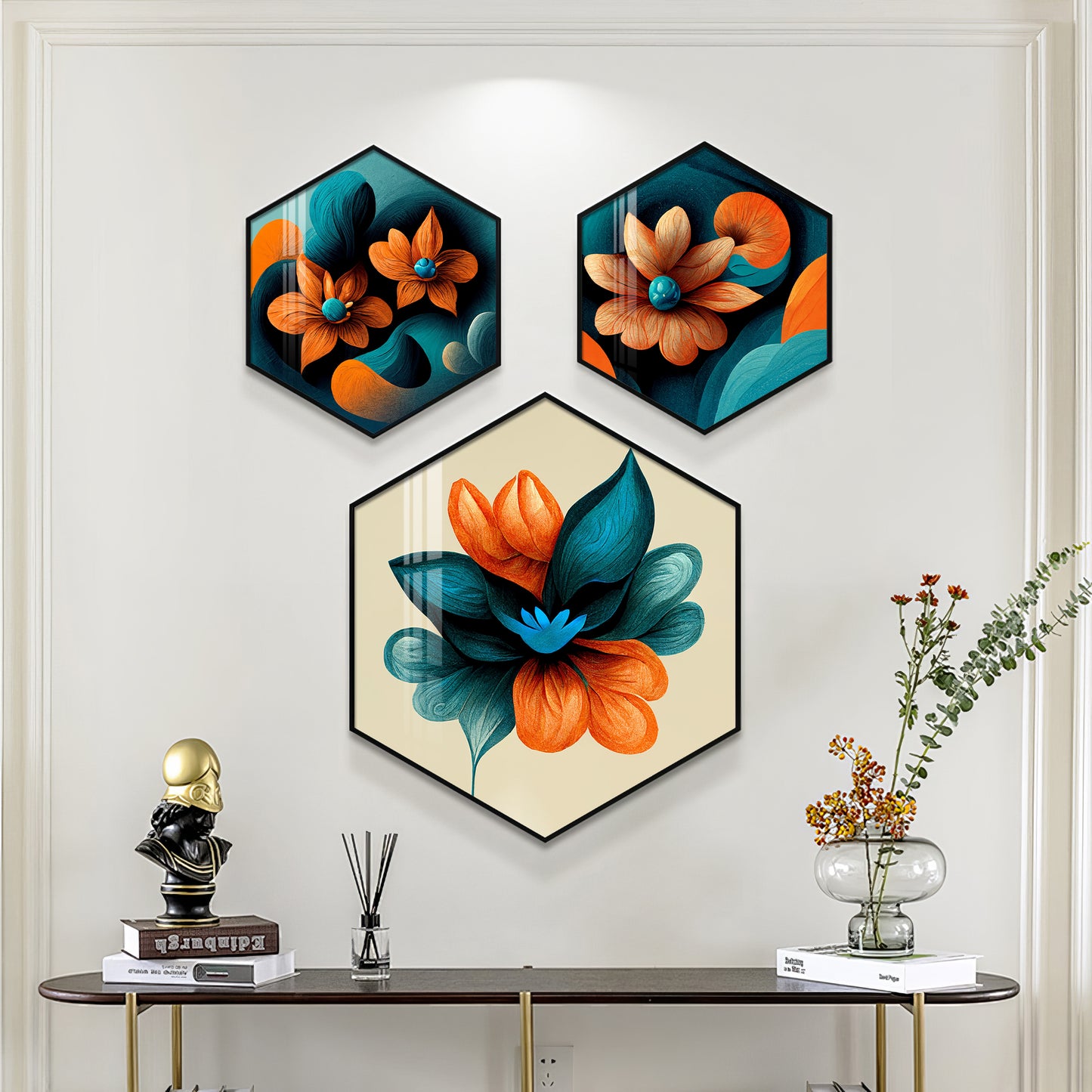 Colorful Flower Premium Acrylic Hexagon Wall Art (Set of 3)