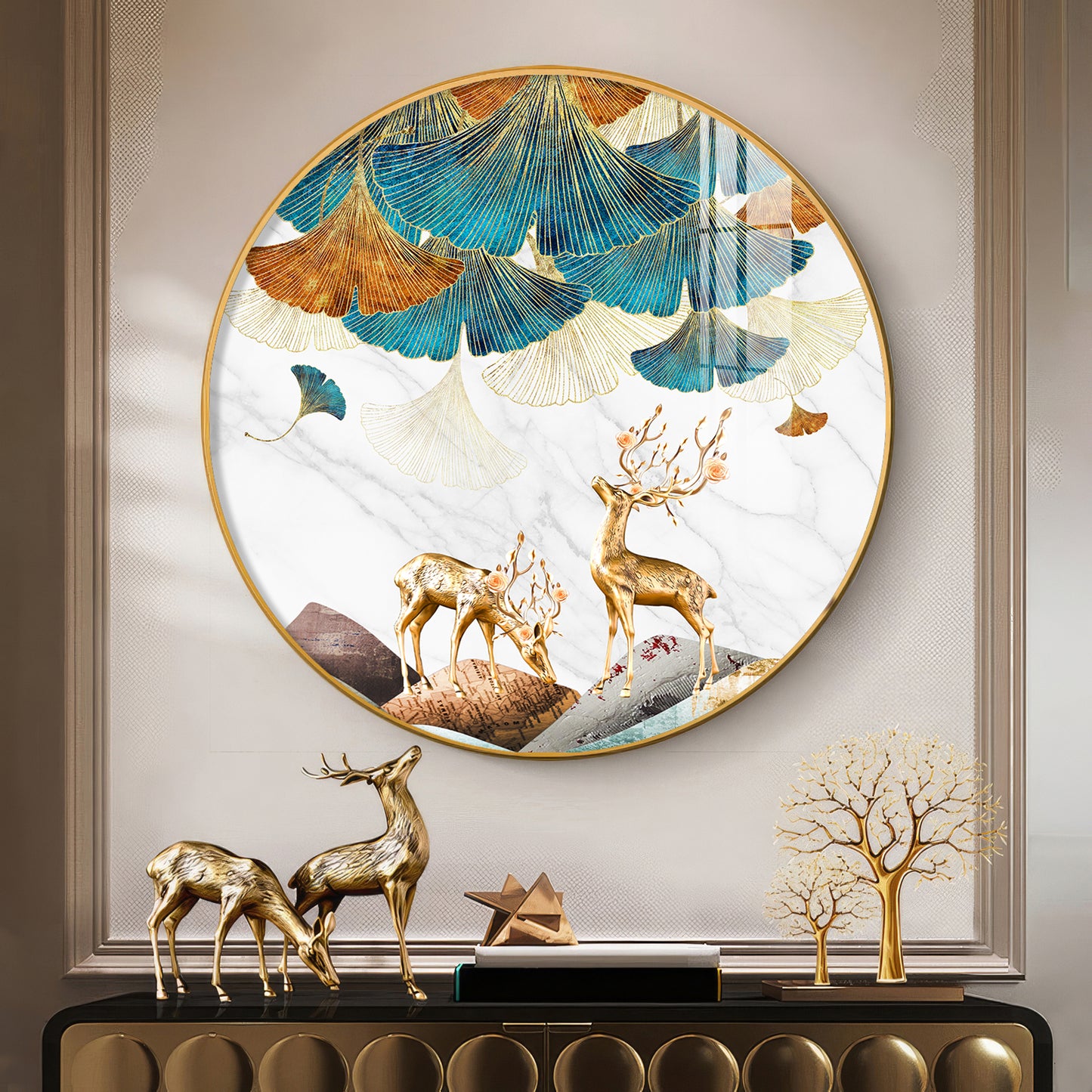 Deer and Leaves Premium Acrylic Round Wall Art
