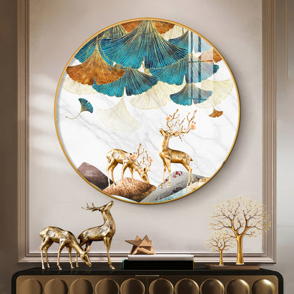 Deer and Leaves Premium Acrylic Round Wall Art