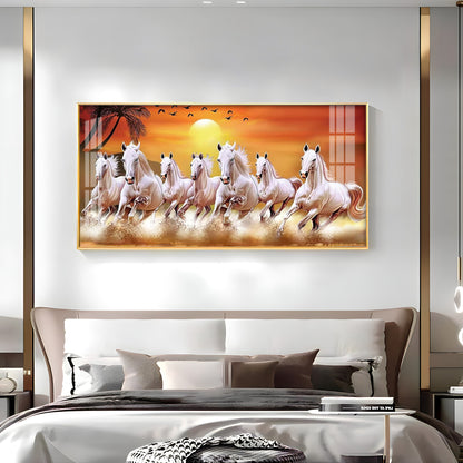 7 White Running Horses in The Sea With Sunrise Premium Acrylic Horizontal Wall Art