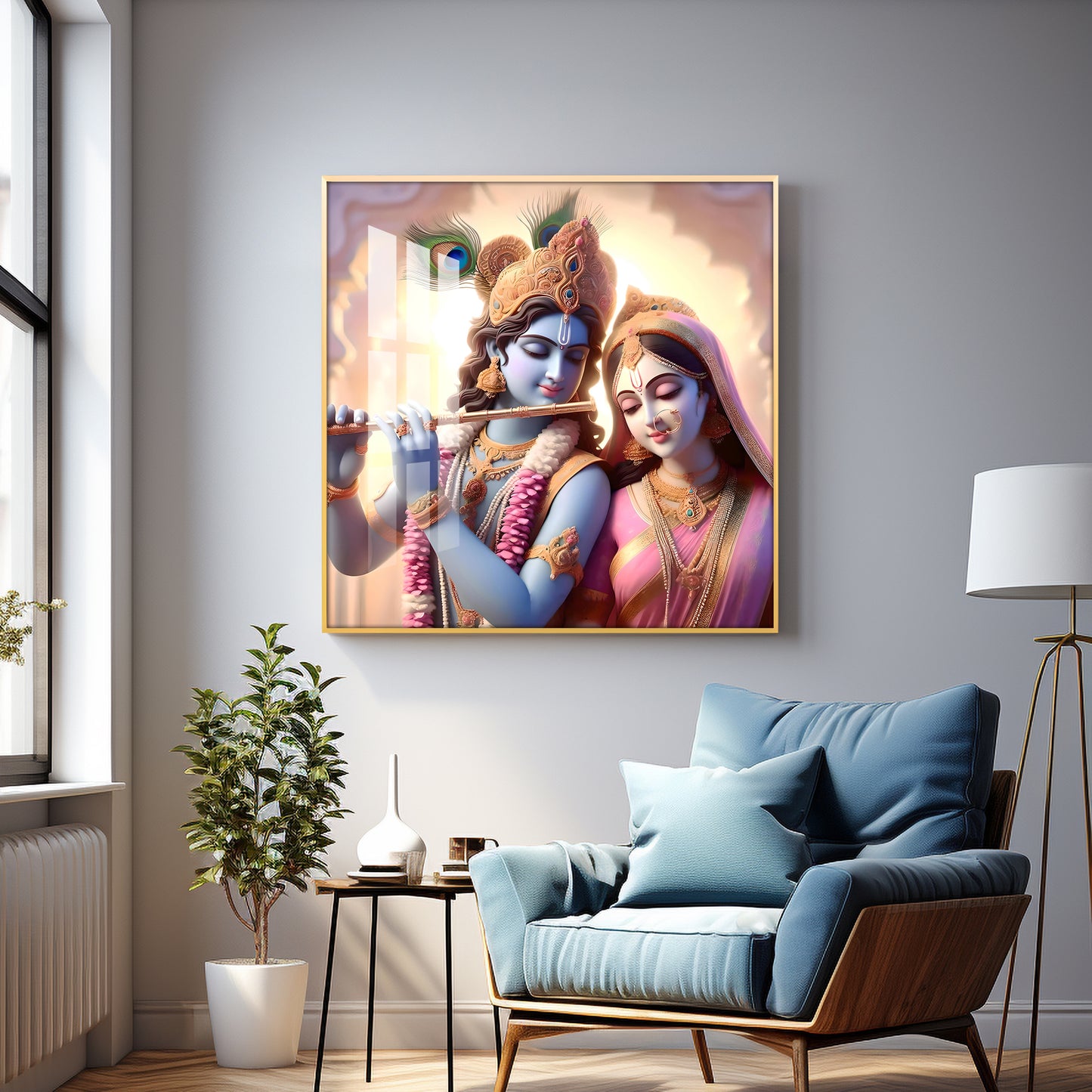 Krishna Playing Flute For Radha Premium Acrylic Square Wall Art