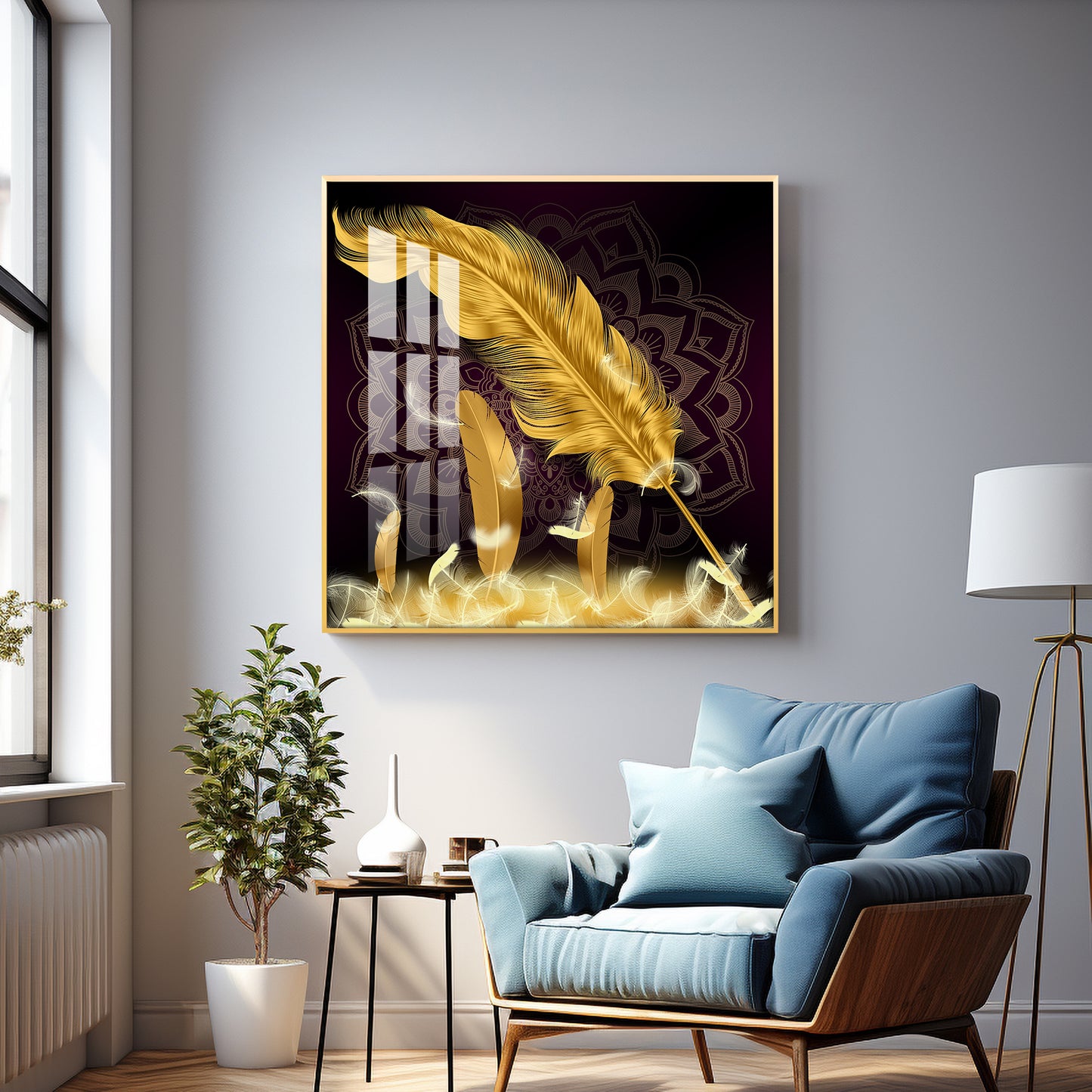 Golden Feather Light Luxury Premium Acrylic Square Wall Art