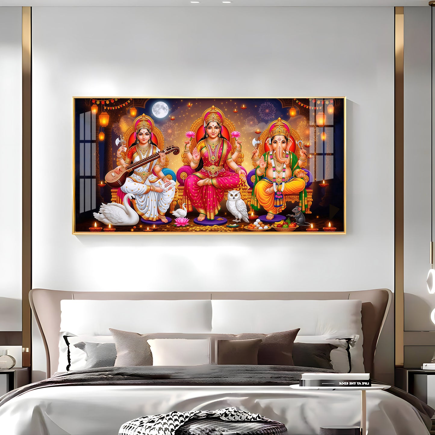 Maa Laxmi With lord Ganesh ji and Godess Saraswati Premium Acrylic Horizontal Wall Art