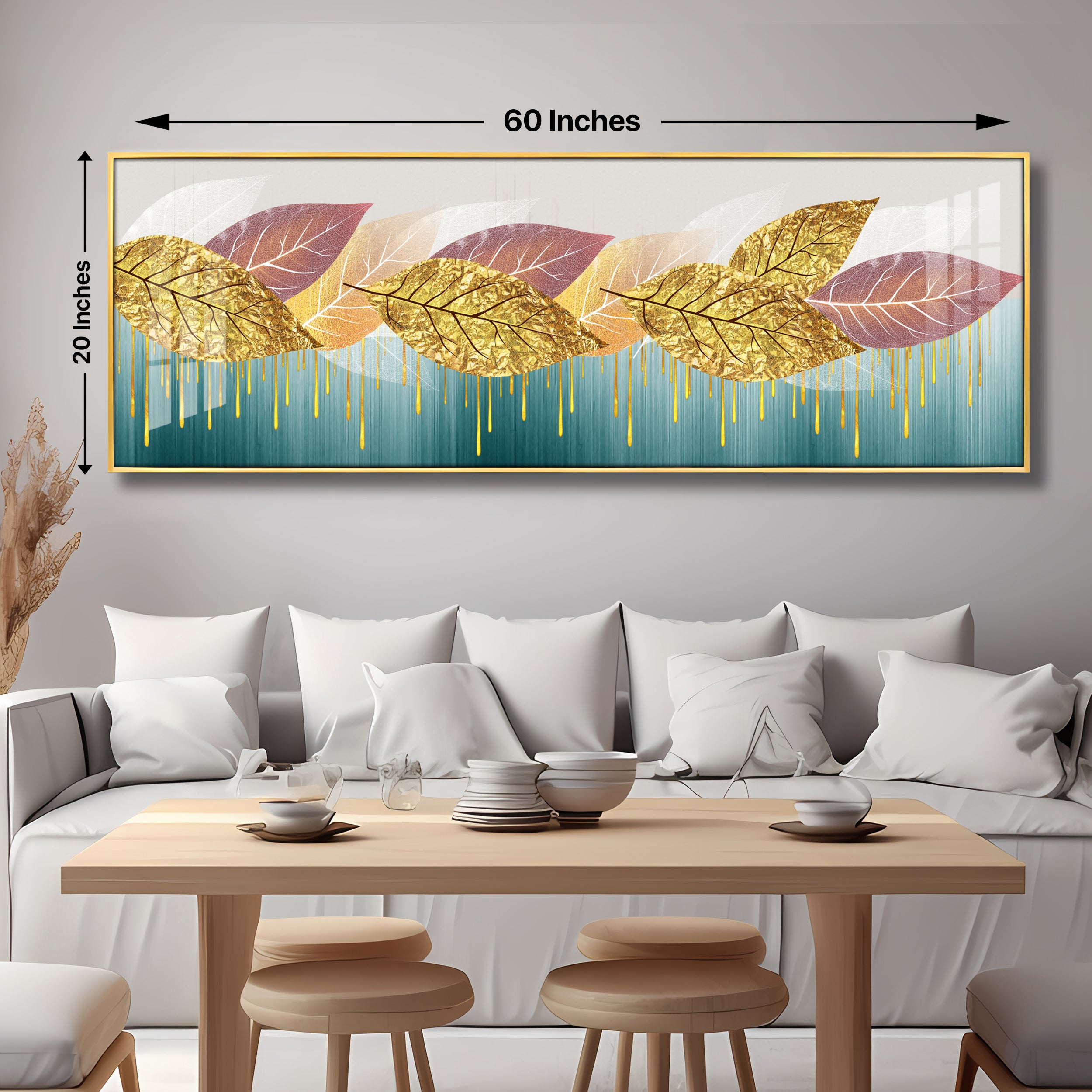 Golden Pink Leaves Luxury Crystal Horizontal Wall Art