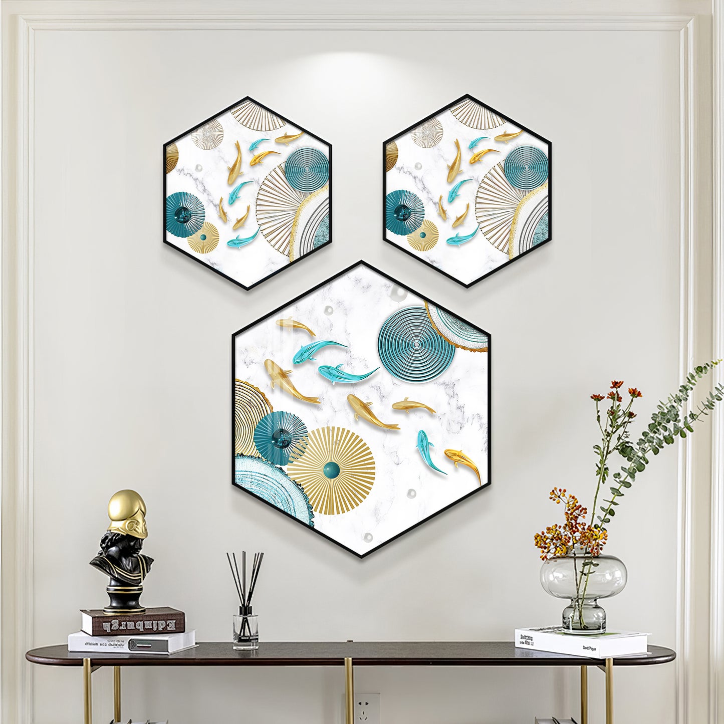 Koi Fish In Blue & Gold Premium Acrylic Hexagon Wall Art (Set of 3)