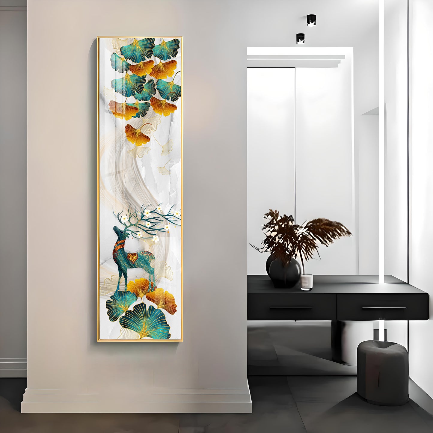 Deer On Golden Ginkgo Leaf Vertical Premium Acrylic Vertical Wall Art