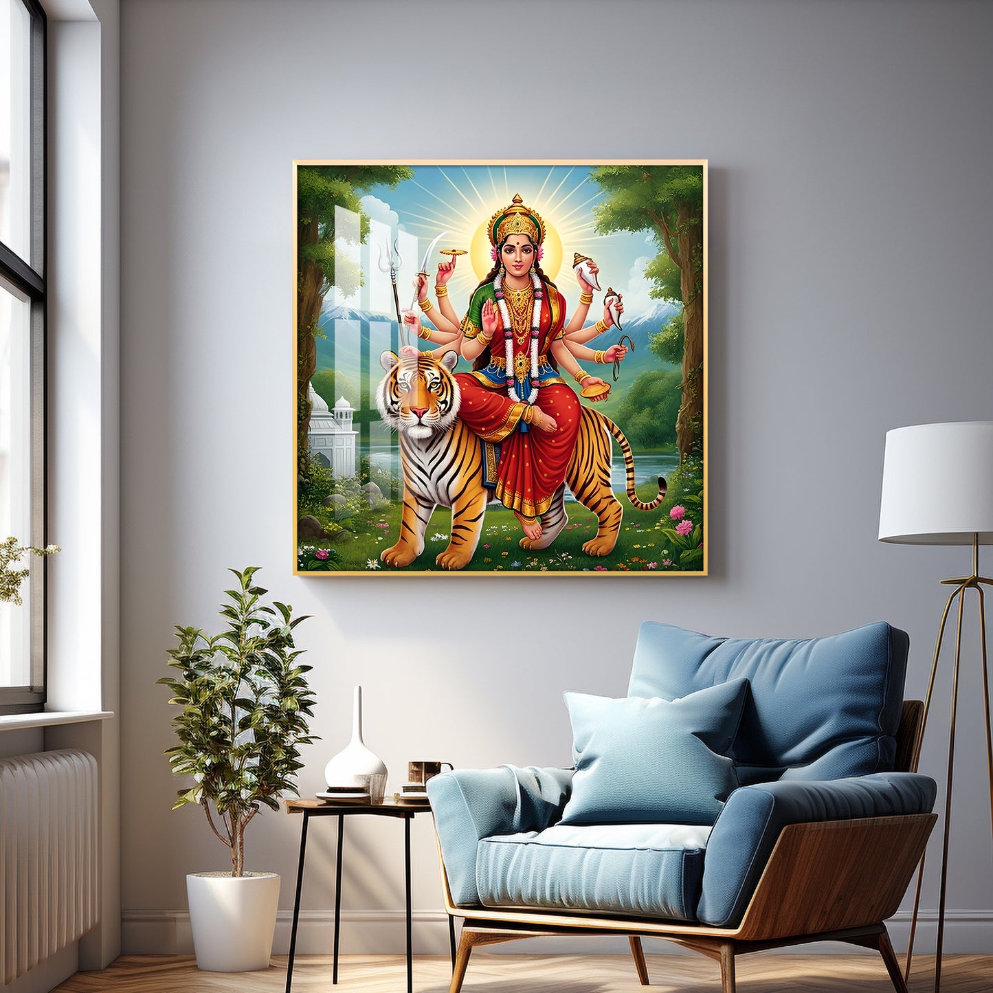 Hindu Goddess With Tiger Premium Acrylic Square Wall Art