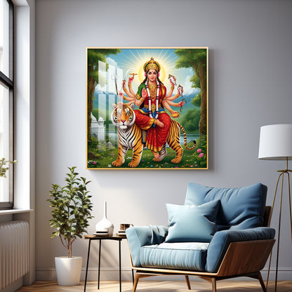 Hindu Goddess With Tiger Premium Acrylic Square Wall Art