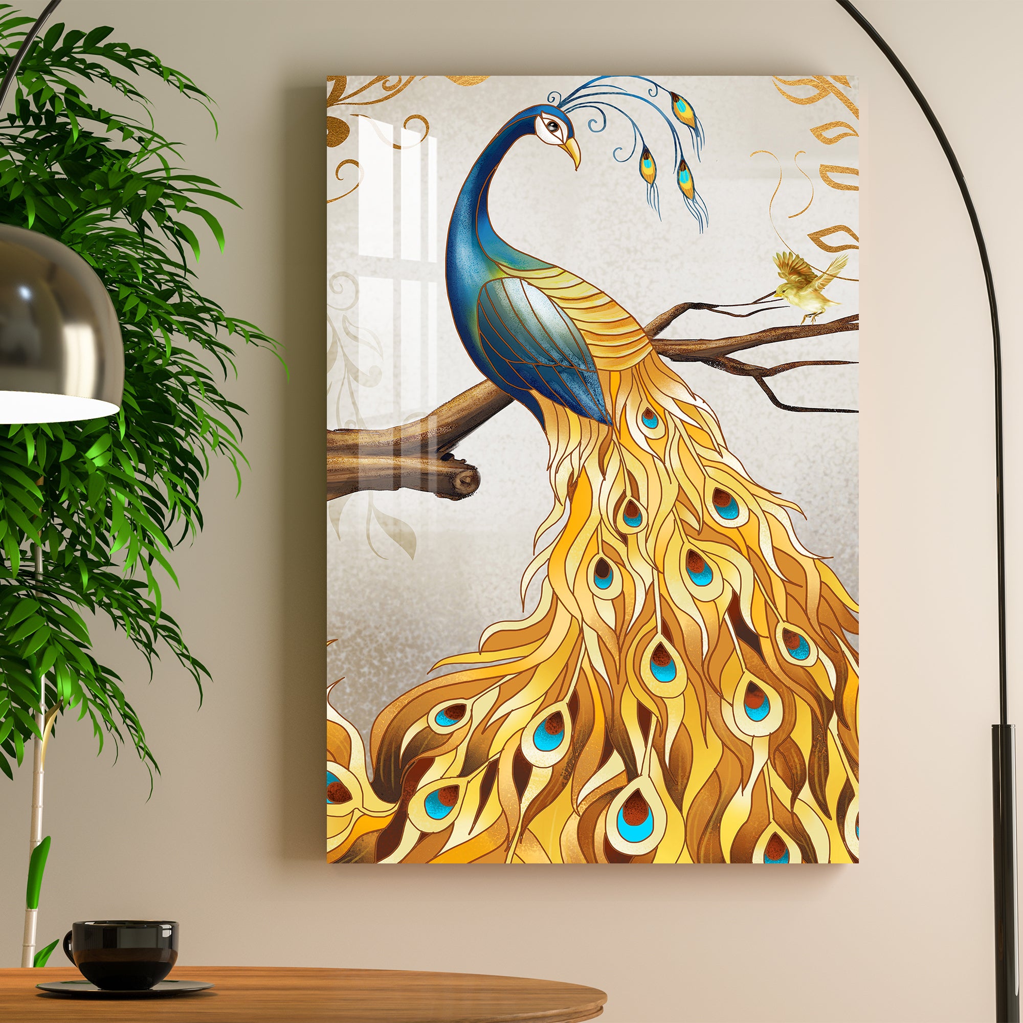 Peacock With Golden Feathers Acrylic Wall Art