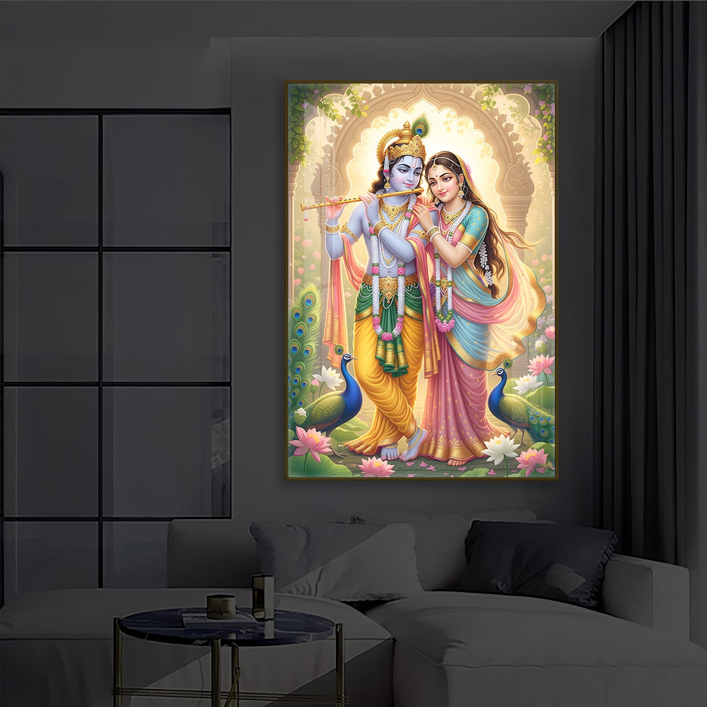 Loving Shri Radhe Krishna Modern Luxury Backlight Vertical Wall Art