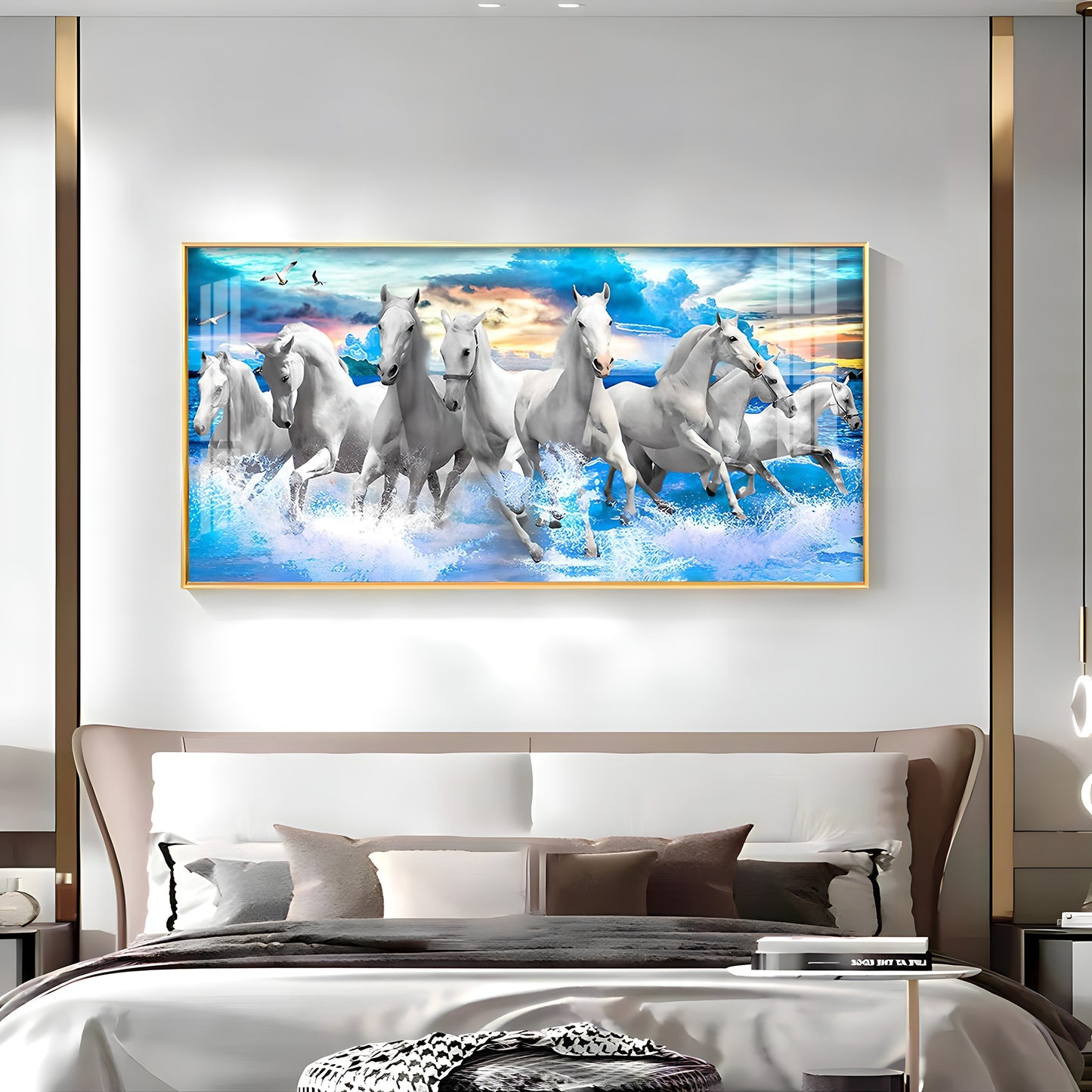 Vastu Running Horses With Sunrise Premium Acrylic Horizontal Wall Art