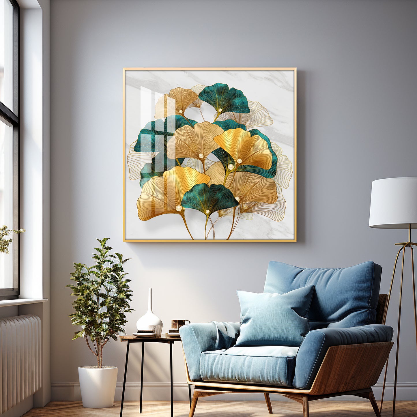 Golden Ginkgo Biloba Luxury Crystal Square Wall Art