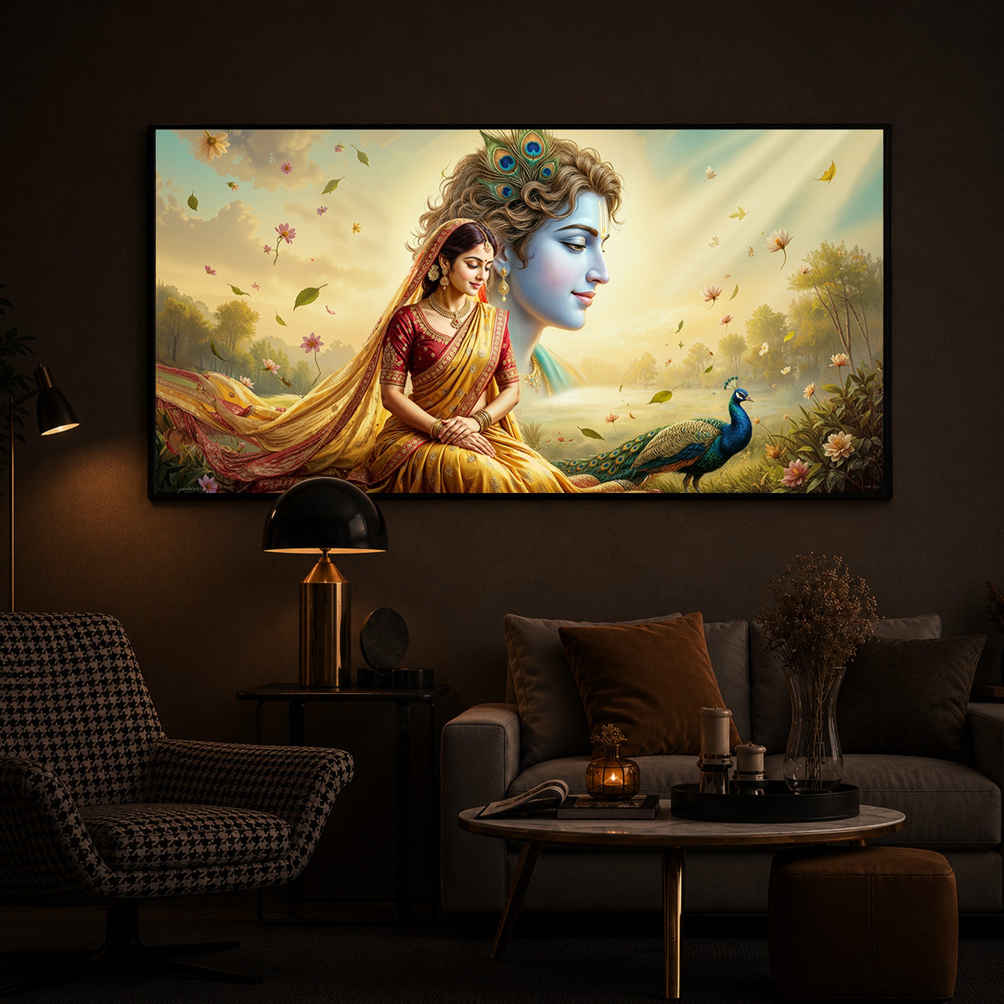 Lord Radha Krishna Modern Luxury Backlight Horizontal Wall Art