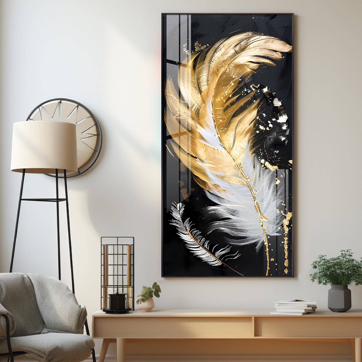 White & Golden Feather Luxury Crystal Vertical Wall Art