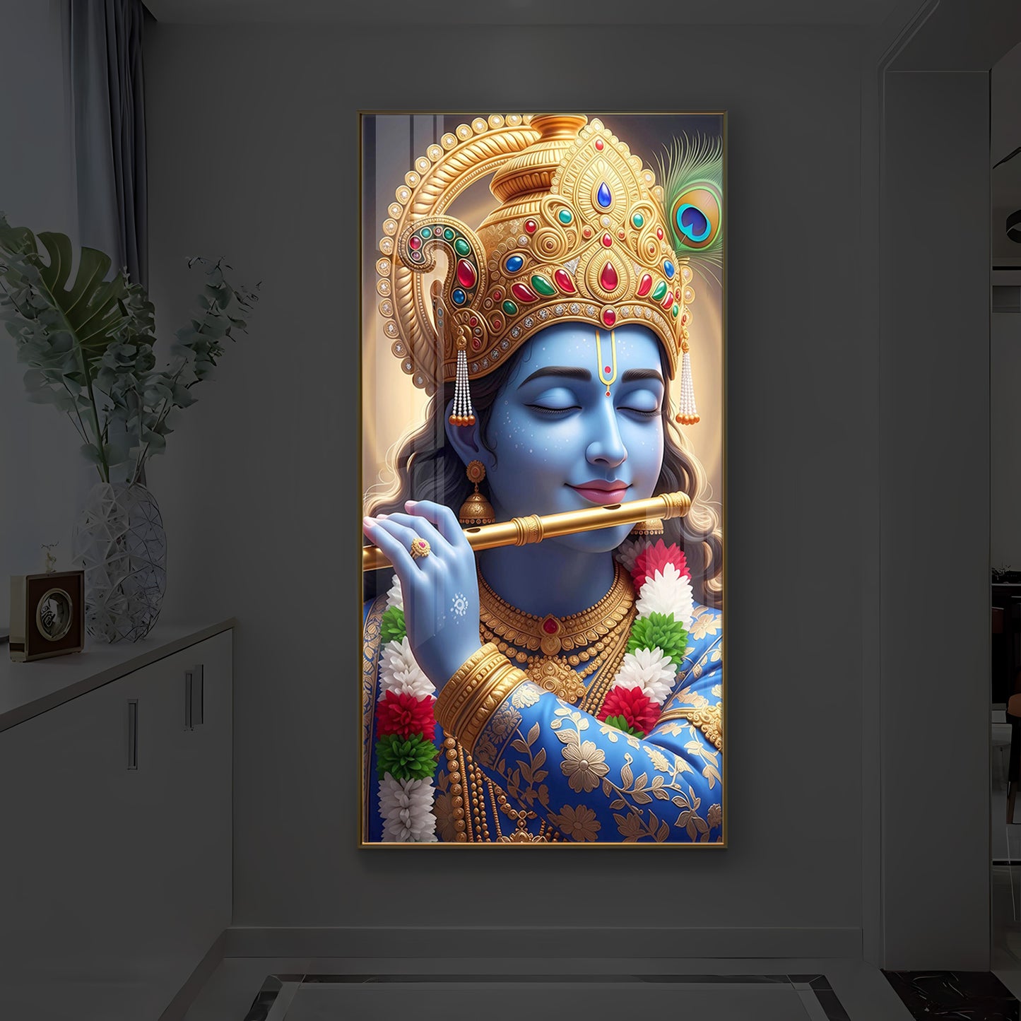 Lord Krishna Modern Luxury Backlight Vertical Wall Art