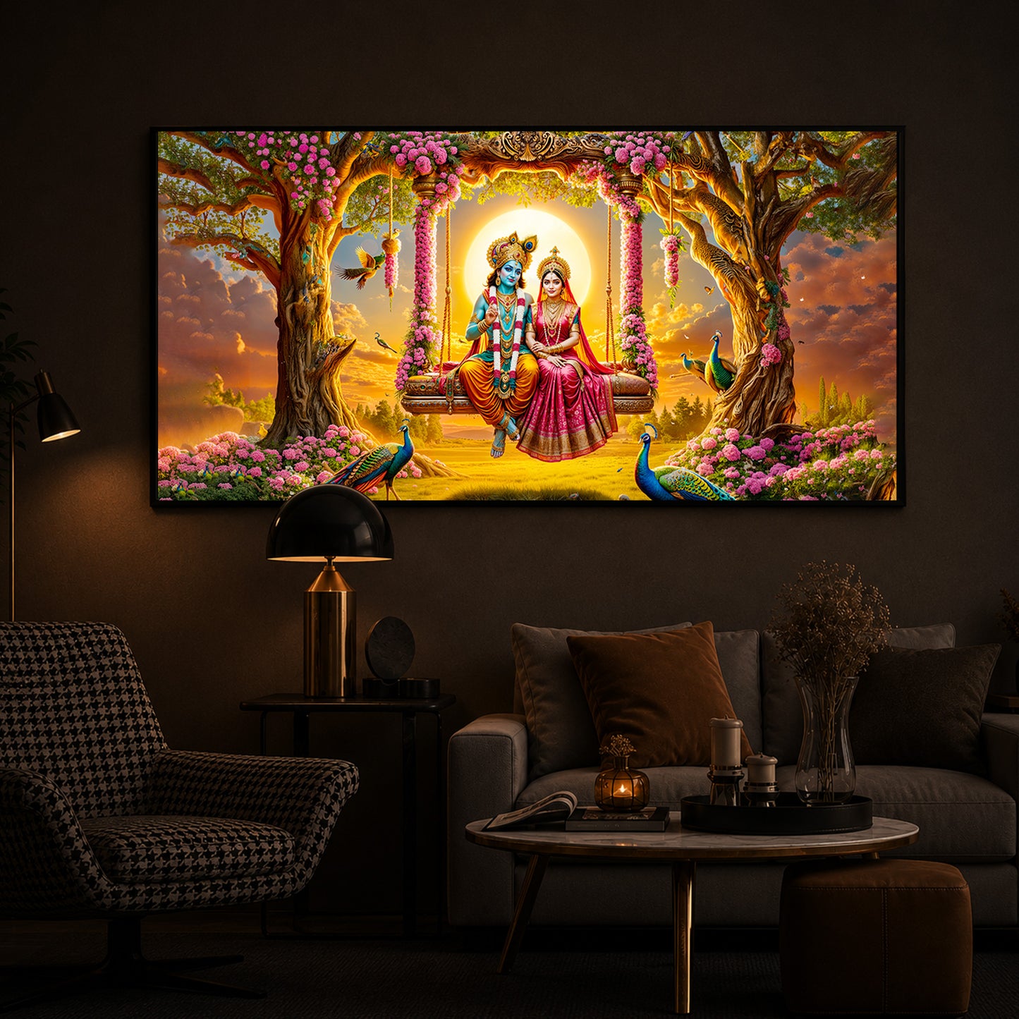 Loving Couple Lord Radha Krishna Modern Luxury Backlight Horizontal Wall Art