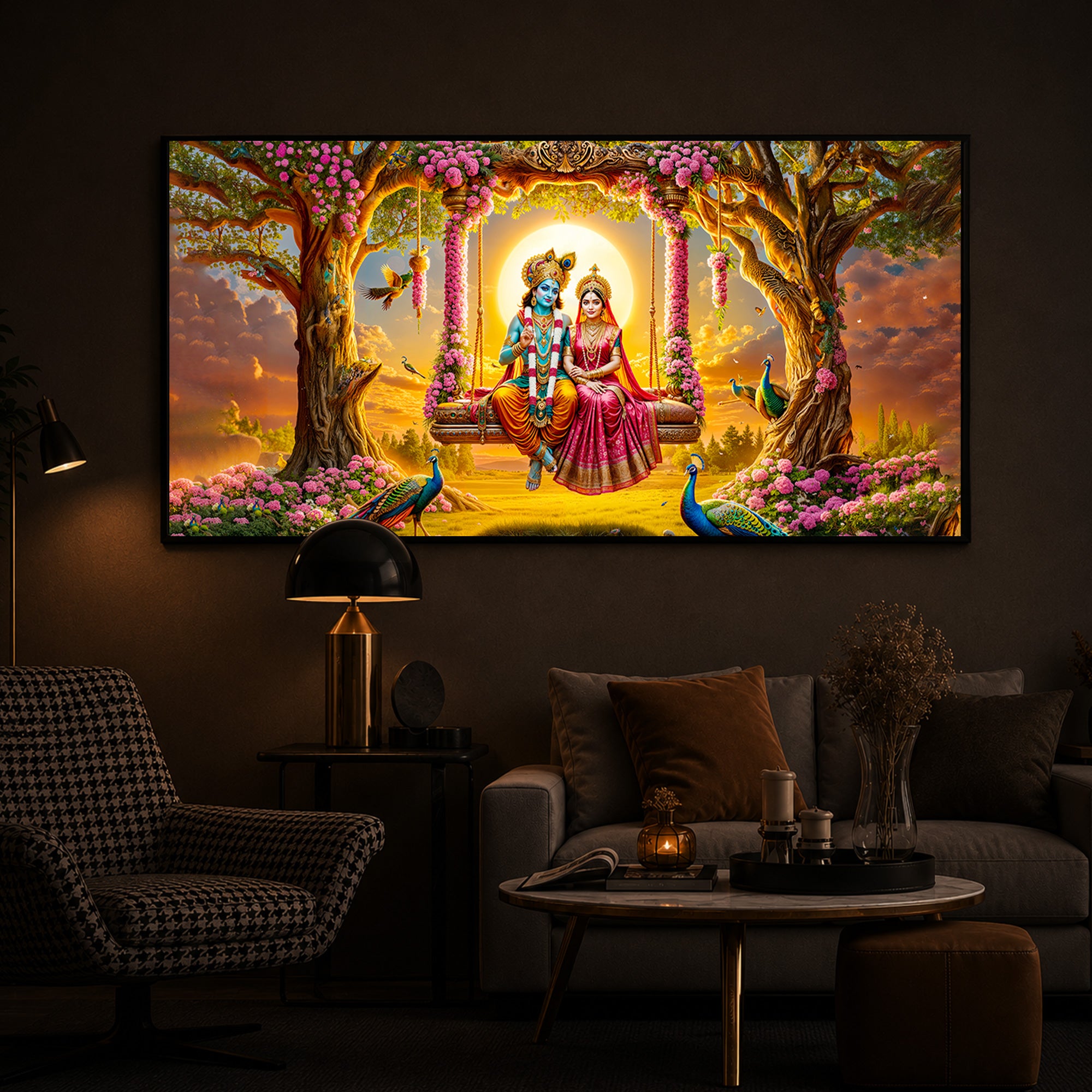 Loving Couple Lord Radha Krishna Modern Luxury Backlight Horizontal Wall Art