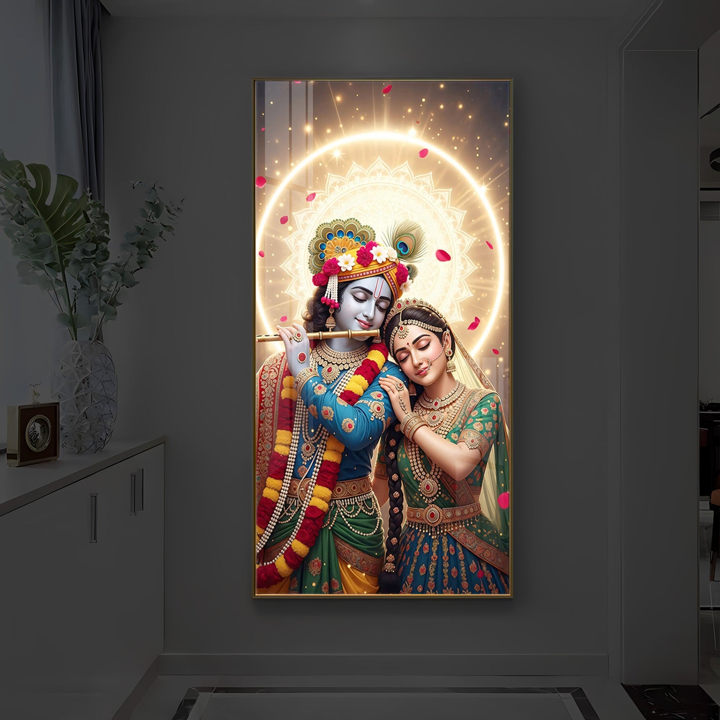 Couple Radhe Krishna Modern Luxury Backlight Vertical Wall Art