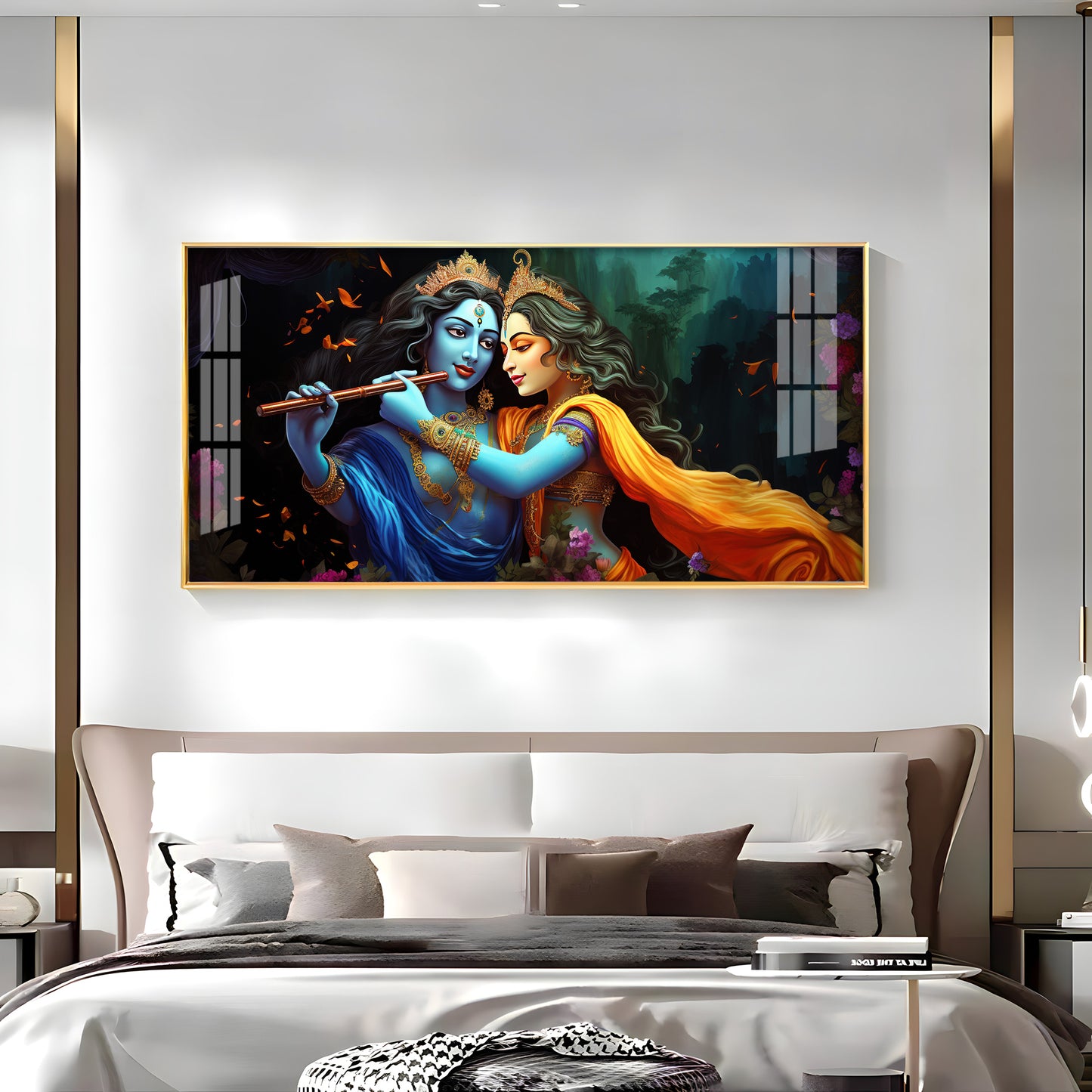 Radha Krishna Playing Bansuri Premium Acrylic Horizontal Wall Art