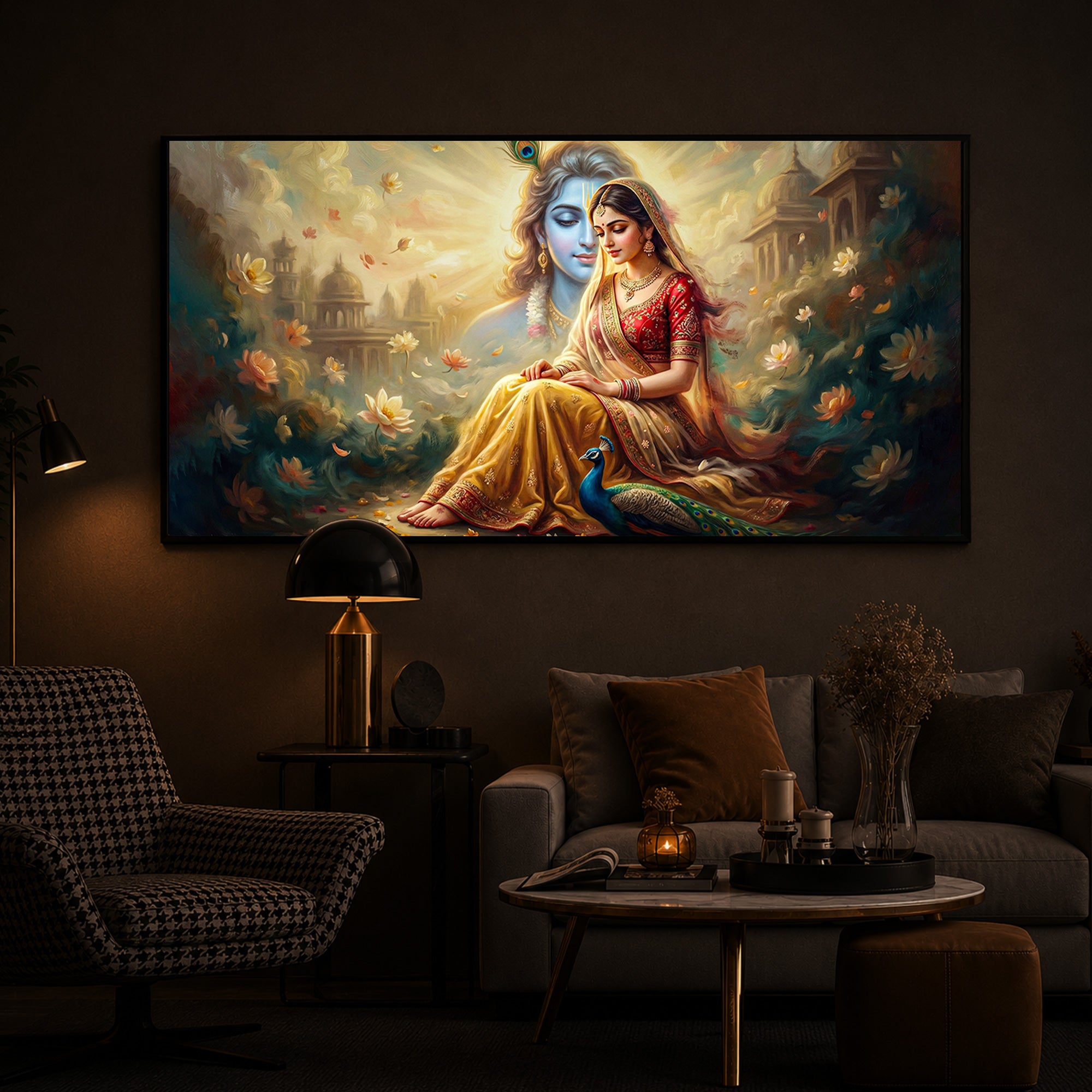 Loving Couple Radha Krishna Modern Luxury Backlight Horizontal Wall Art