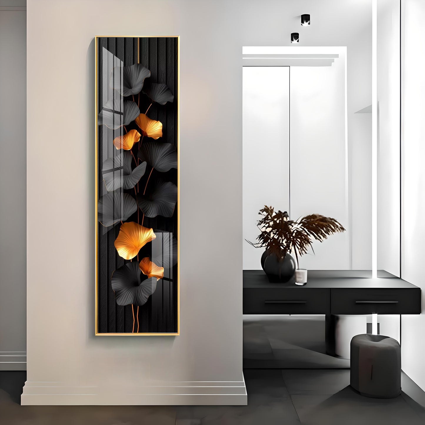Black & Gold Leaves Premium Acrylic Vertical Wall Art