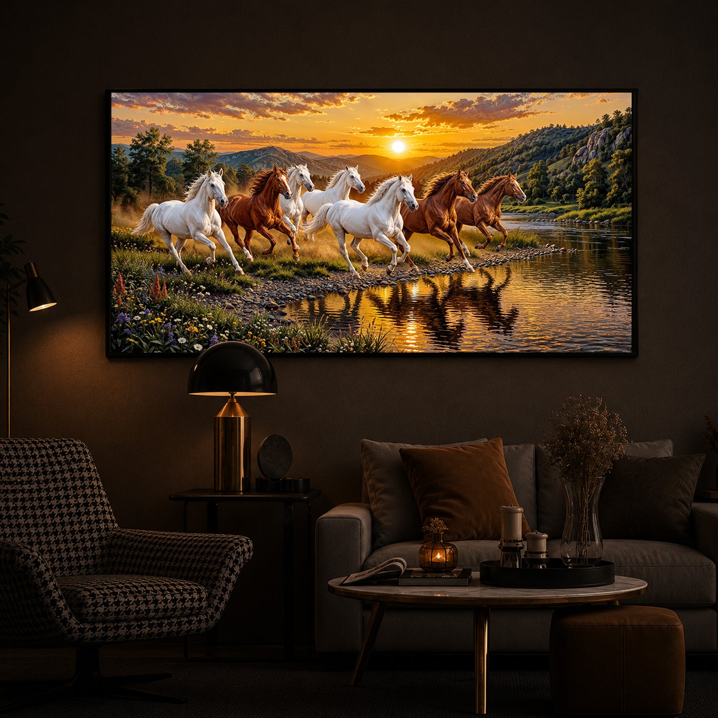 Seven Running Horses With Sunset Splash Modern Luxury Backlight Horizontal Wall Art