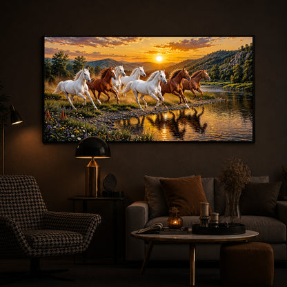 Seven Running Horses With Sunset Splash Modern Luxury Backlight Horizontal Wall Art