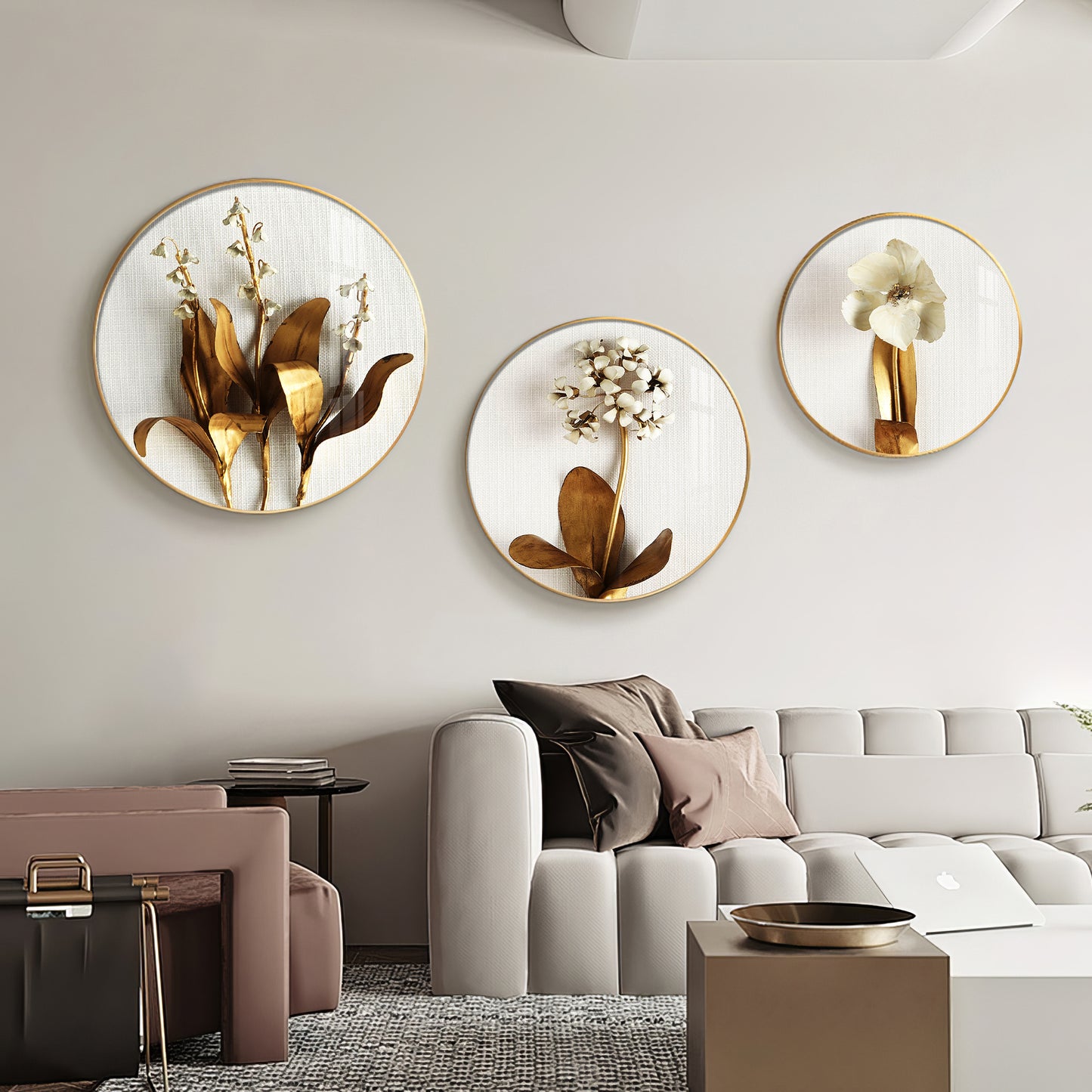 Golden Petals Premium Acrylic Round Wall Art (Set of 3)