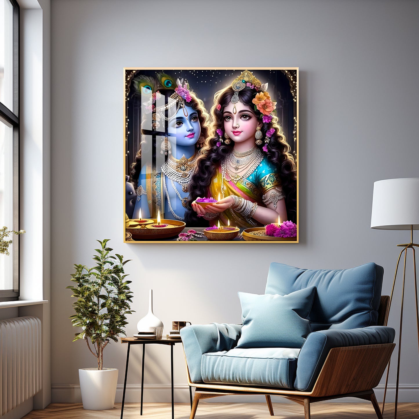 Glowing Krishna Radha Premium Acrylic Square Wall Art