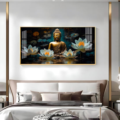 Buddha With White Lotus Premium Acrylic Horizontal Wall Art