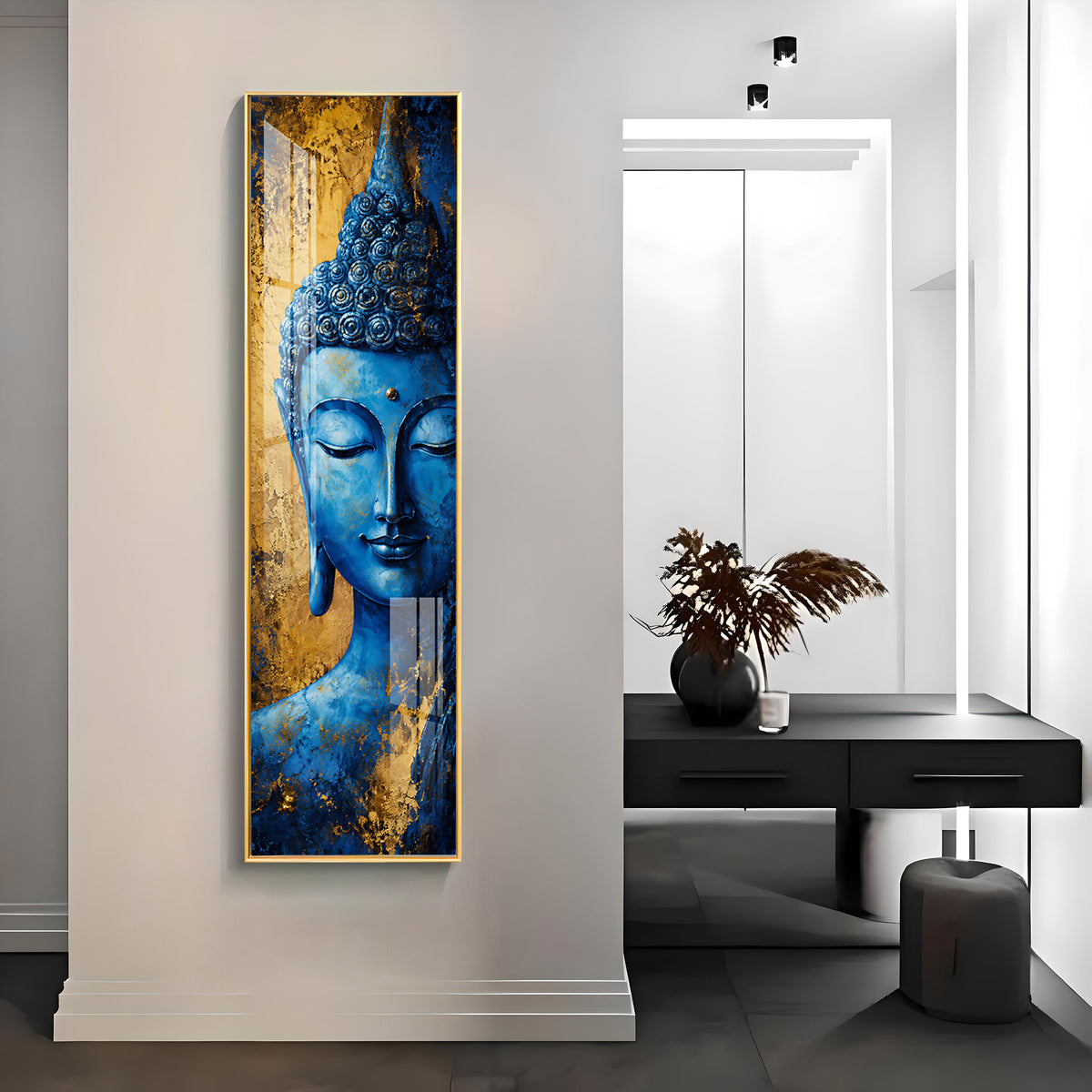 Blue and Gold Meditating Buddha Premium Acrylic Vertical Wall Art