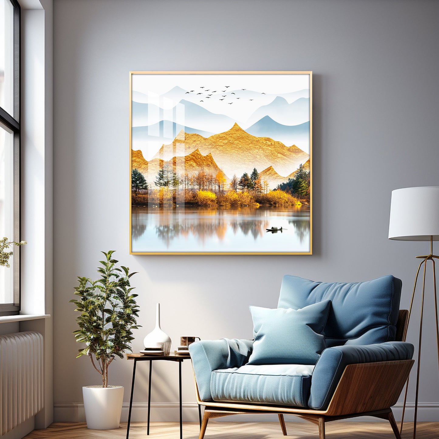Sun Kissed Mountains Premium Acrylic Square Wall Art - 24X24 inches / Gold