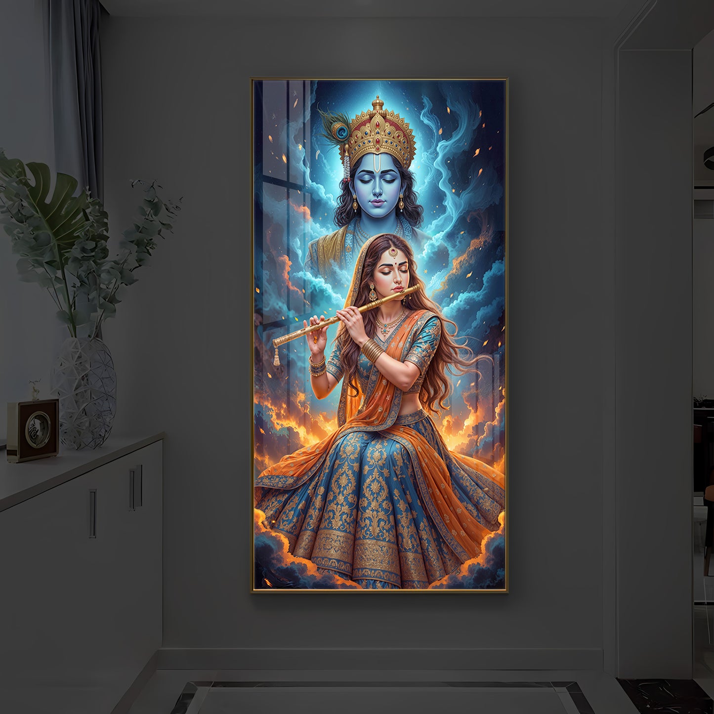 Radhe Krishna Colorful Modern Luxury Backlight Vertical Wall Art