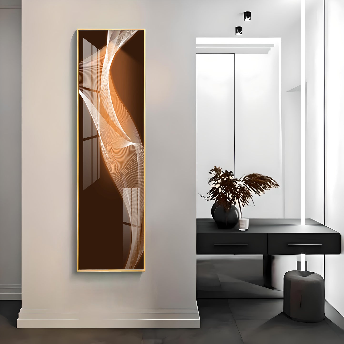 Golden White Wavy Lines Premium Acrylic Vertical Wall Art