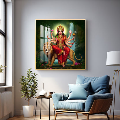 Divine Majesty Of Goddess On Tiger Premium Acrylic Square Wall Art