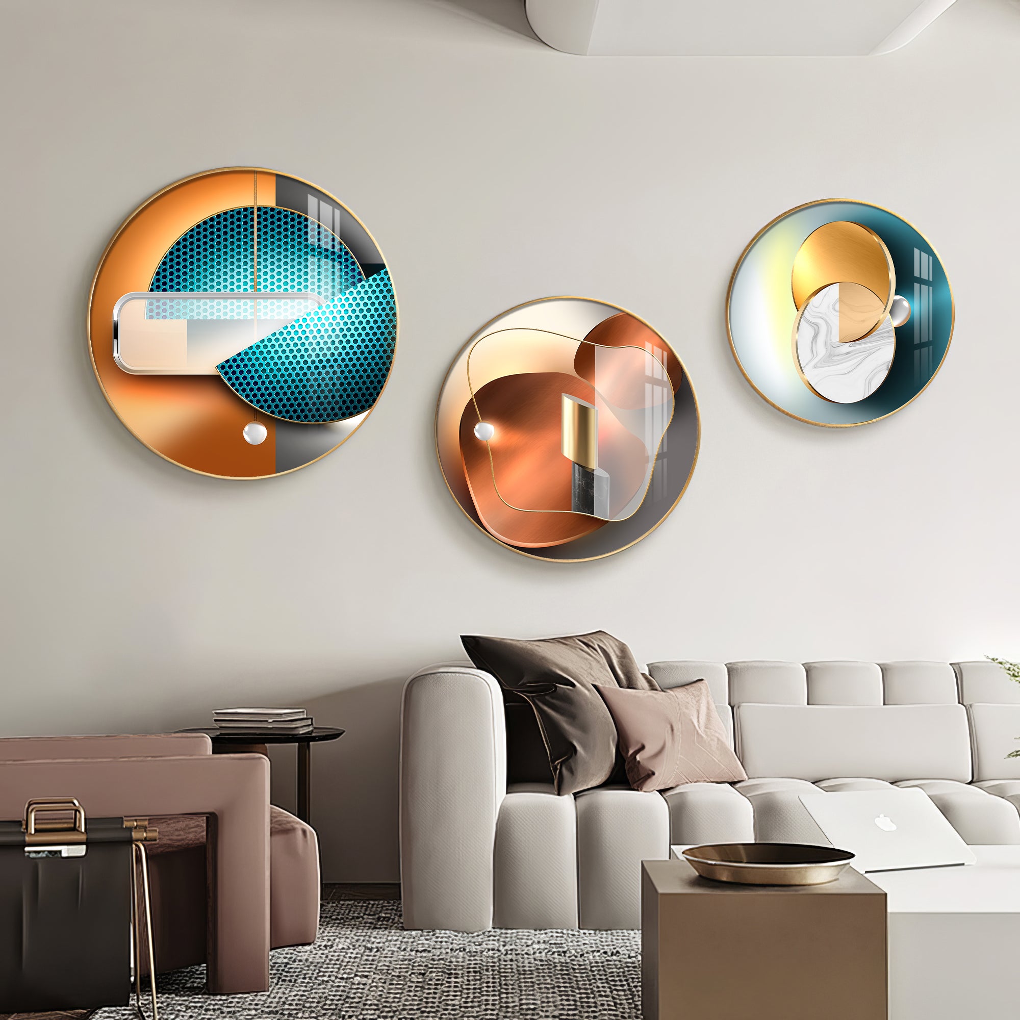 Semi Circle Abstract Premium Acrylic Round Wall Art (Set of 3)
