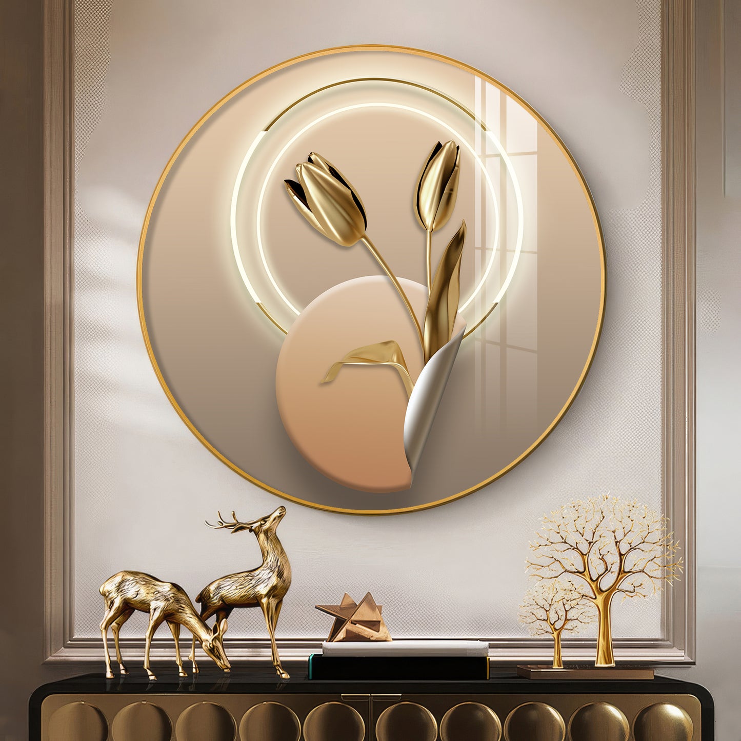 Golden Petal Premium Acrylic Round Wall Art