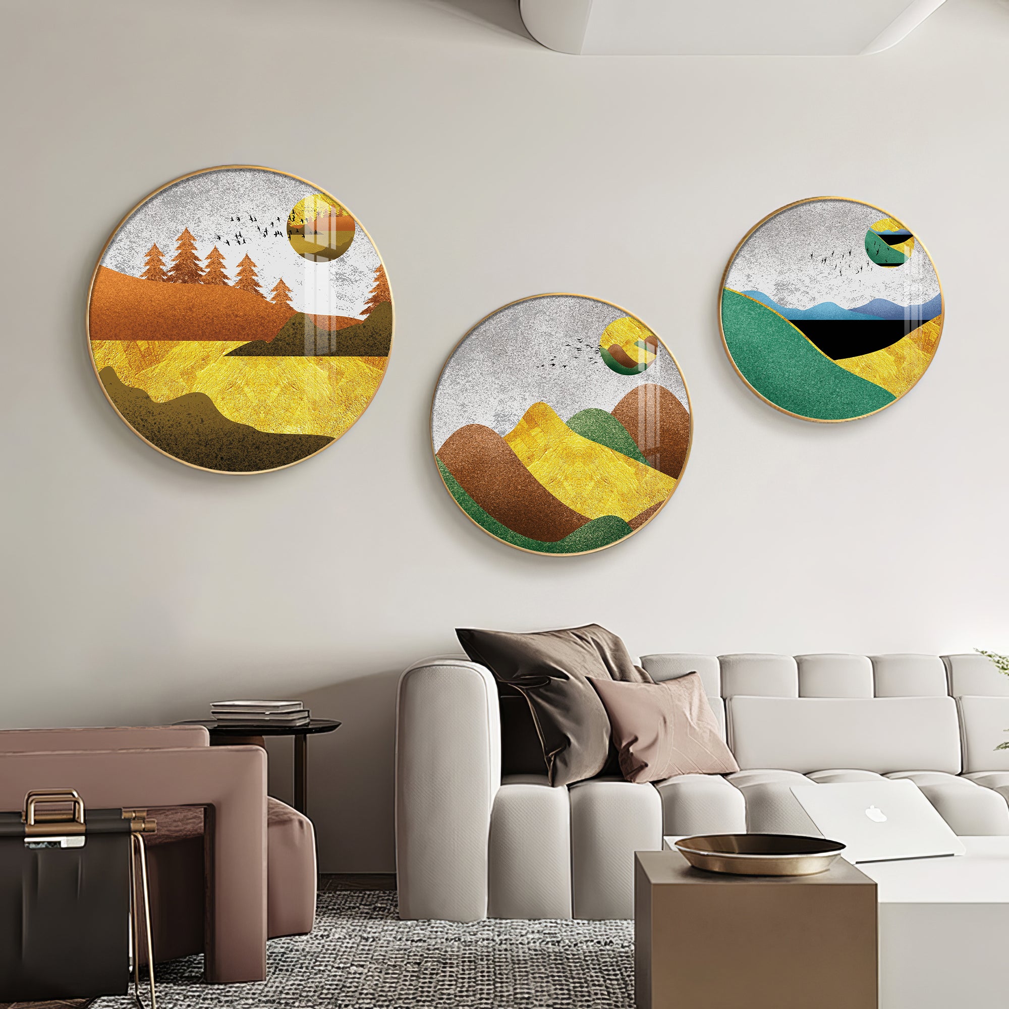 Mountain View Abstract Premium Acrylic Round Wall Art (Set of 3)