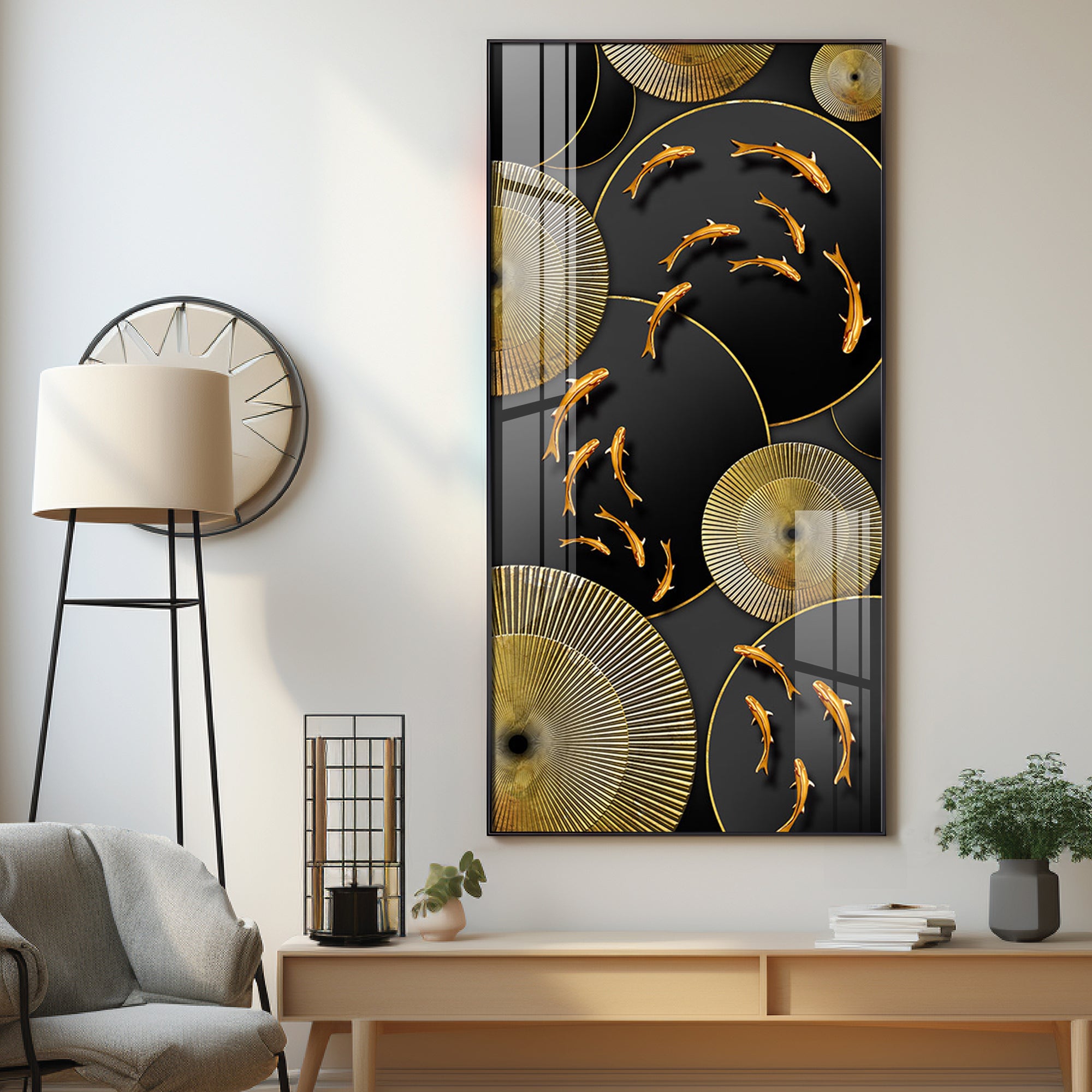 Optimistic Golden Koi Fishes Luxury Crystal Wall Art